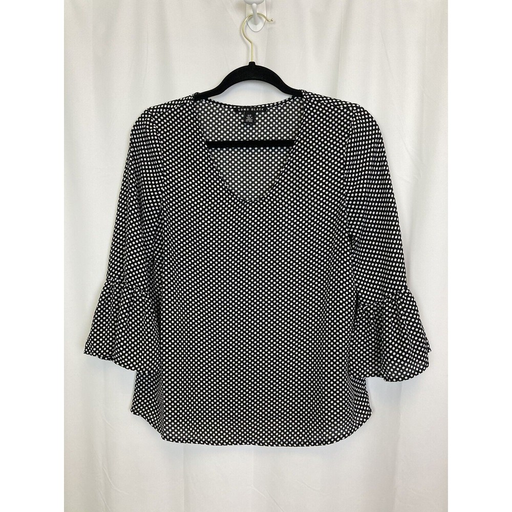 Como Black Women Sz Small Polka Dot Print Chiffon Blouse Bell Sleeve Business